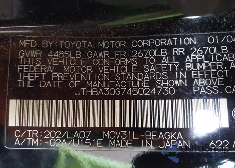 2004 Lexus Es 330 из США, поврежденный, VIN JTHBA30G745024730